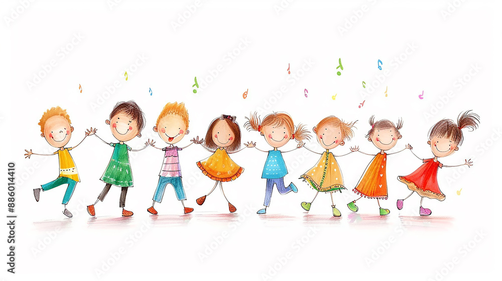 Fototapeta premium illustration, multicolored figures of children holding hands on a white background, round dance children's group dance
