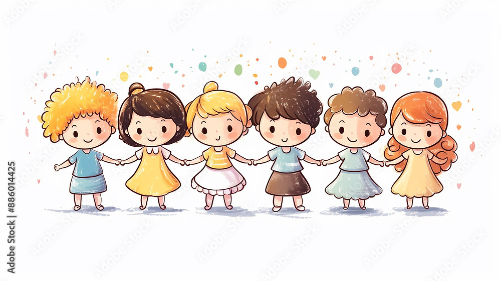 illustration, multicolored figures of children holding hands on a white background, round dance children's group dance illustration, multicolored figures of children holding hands on a white background, round dance children's group dance