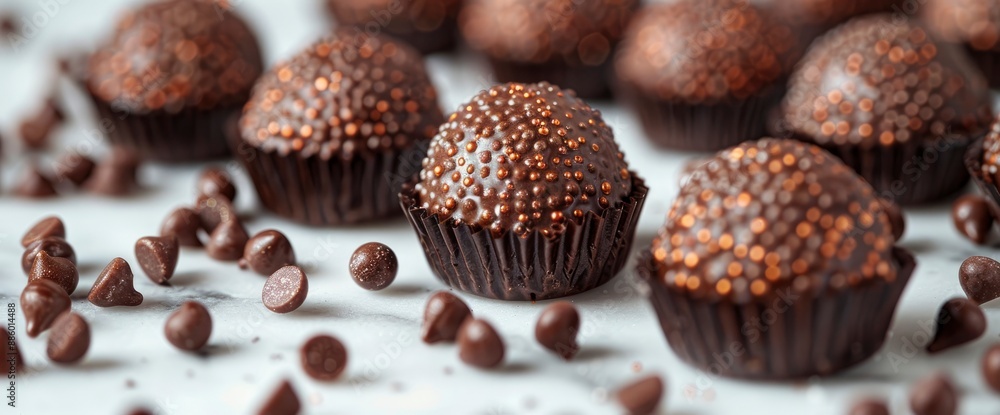 Chocolate balls in silver sprinkles on a white relief surface for decoration, Image Background Chocolate balls in silver sprinkles on a white relief surface for decoration, Image Background