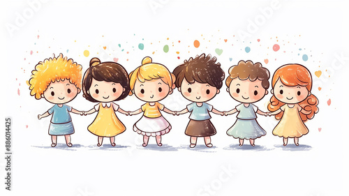 illustration, multicolored figures of children holding hands on a white background, round dance children's group dance