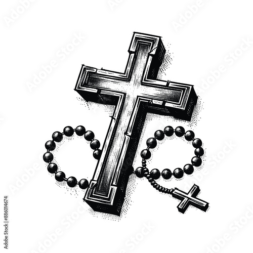 cross with rosary in graffiti stencil with simple paint dripping
