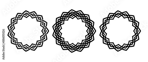 Retro knot circle frame set. Vintage celtic round border collection. Braid and rope ornament and motif pattern for banner, poster, frame. Black circular design elements bundle. Vector pack