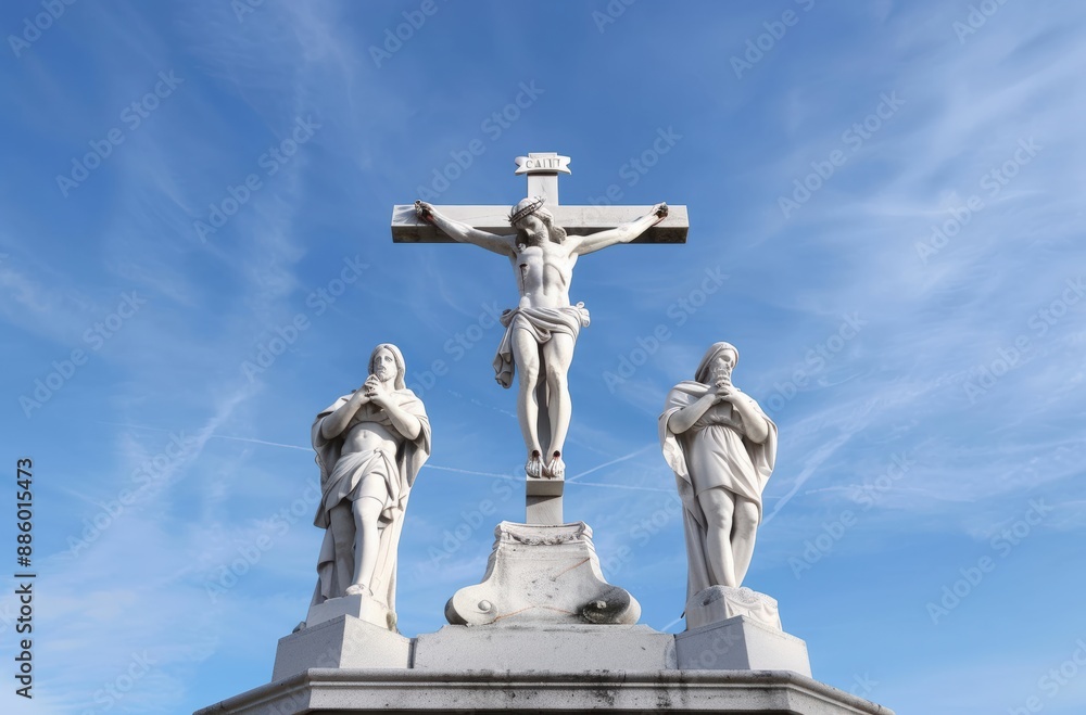 Statues of Jesus Christ on the cross with two other figures against a blue sky backdrop, representing a religious scene. Statues of Jesus Christ on the cross with two other figures against a blue sky backdrop, representing a religious scene.