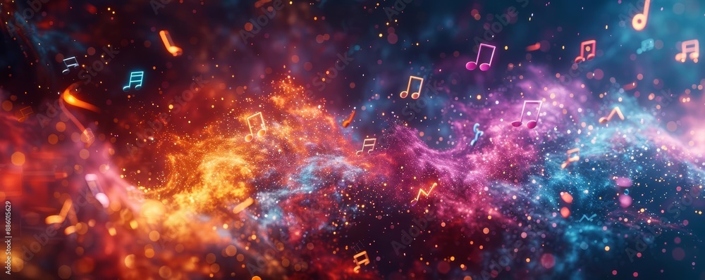 3D musical notes drifting in a colorful nebula, 3D background music, imaginative and cosmic 3D musical notes drifting in a colorful nebula, 3D background music, imaginative and cosmic