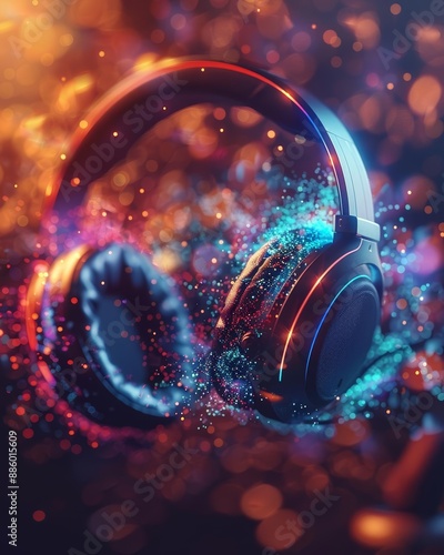 Vibrant headphones with glowing neon lights on a colorful background. photo