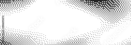 Pixelated bitmap gradient texture. Black and white dither spots background. 8 bit video game screen wallpaper. Retro glitchy pixel art illustration. Abstract vector wavy dithering border