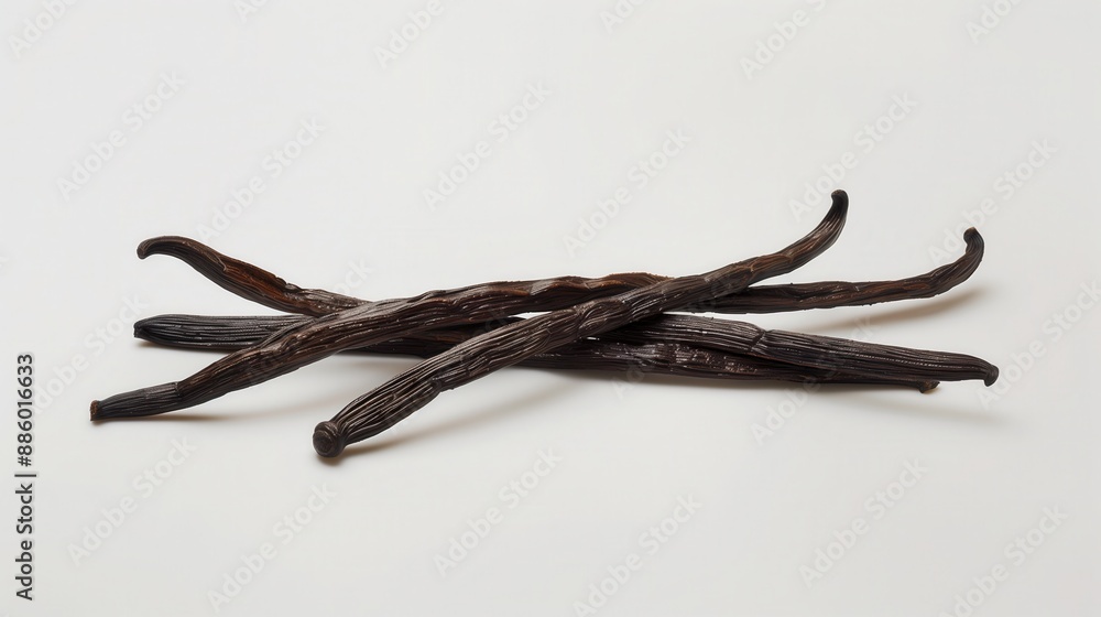 Fototapeta premium A close-up photo of vanilla sticks, food, ingredient, cook, spice, natural, fresh, healthy, kitchen, white background
