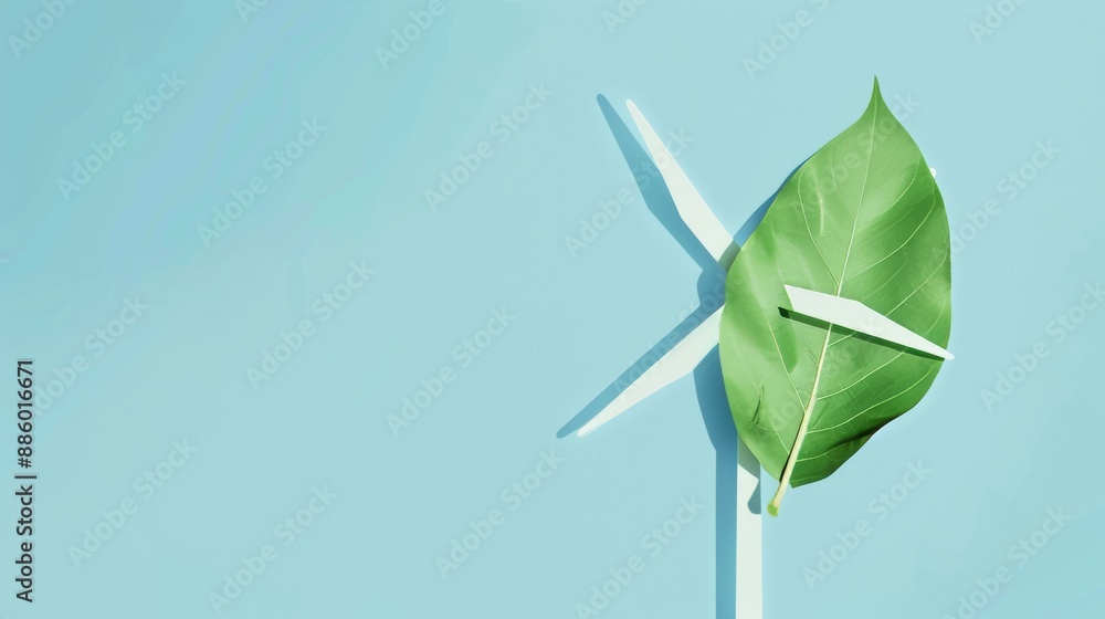 A stylized illustration of a green leaf transforming into a wind ...