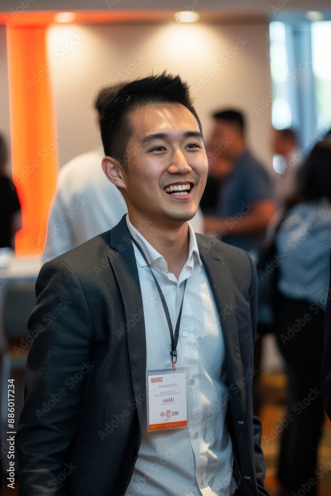 Fototapeta premium Professional Photography of young Asian CEO hosting a webinar on business leadership, Generative AI