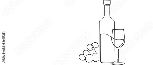 Bottle of wine with wineglass and grape bunch in continuous line art drawing style. Minimalist black linear sketch isolated on white background
