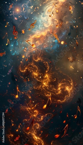 Abstract cosmic background with glowing music notes.