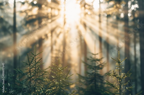 Sunlight beams through a serene forest, casting magical rays and illuminating the lush green foliage and trees. photo