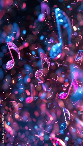 Abstract background with musical notes and sparkling lights.