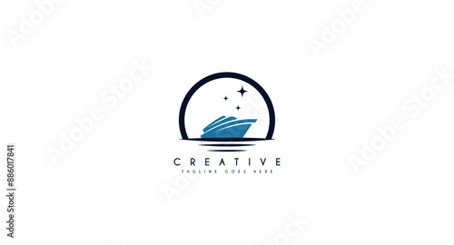 Ship, cargo in ocean with sun logo design vector illustration.