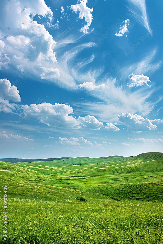 Rolling green hills under a sky filled with wispy clouds, capturing the beauty of nature and the concept of serenity. Rolling green hills under a sky filled with wispy clouds, capturing the beauty of nature and the concept of serenity.