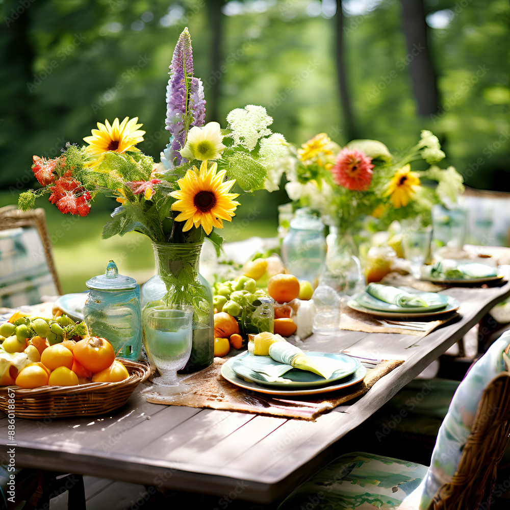 table with flowers and fruits table with flowers and fruits