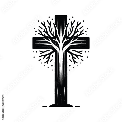 cross with tree in graffiti stencil with simple paint dripping