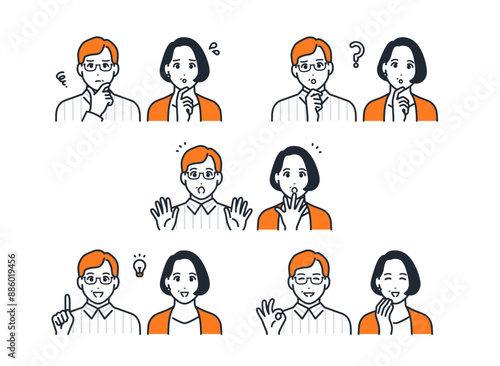 ミドル 男女 夫婦 アイコン 表情 セット 素材