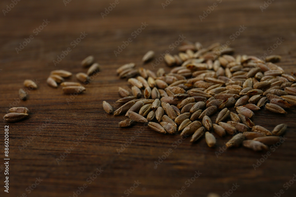 Obraz premium roasted rye grains on a wooden table, food background