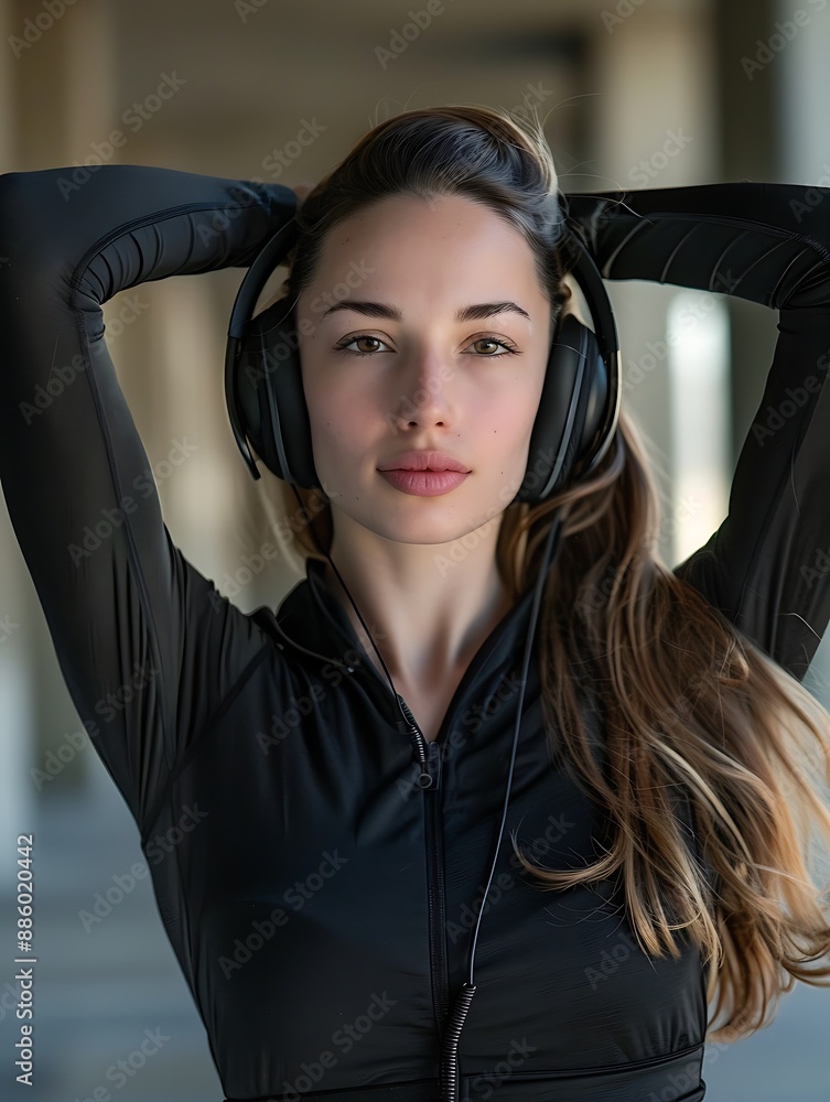Stretching woman portrait shot with headphones, fitness, active, lifestyle