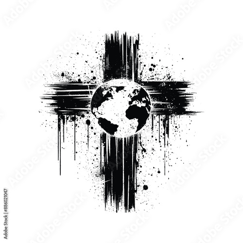 cross with world in graffiti stencil with simple paint dripping