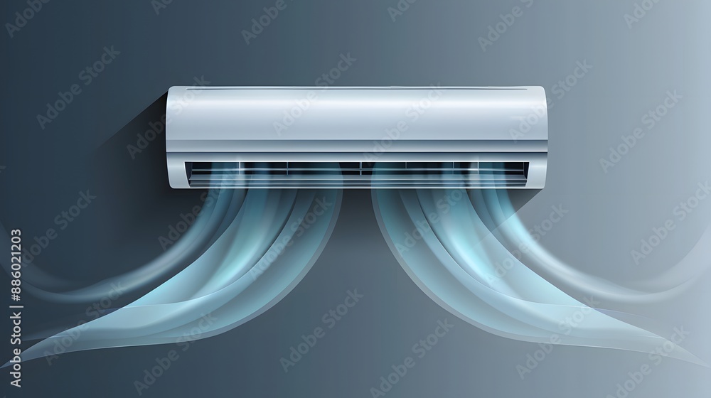 A silver air conditioning unit is mounted on a wall, blowing cool air into the room A silver air conditioning unit is mounted on a wall, blowing cool air into the room