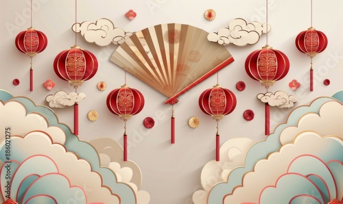 Chinese New Year background with traditional red and gold paper cut fans, Chinese firecrackers photo