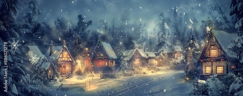 Charming snow-covered village with holiday lights and cozy cottages surrounded by a winter forest at dusk, creating a serene festive atmosphere.