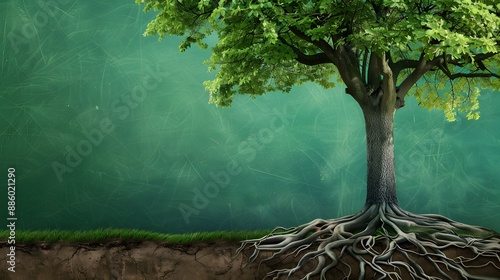 A large tree stands with its roots exposed against a green background. The tree has a thick trunk and many branches with lush green leaves. The roots extend outward, spreading across the ground