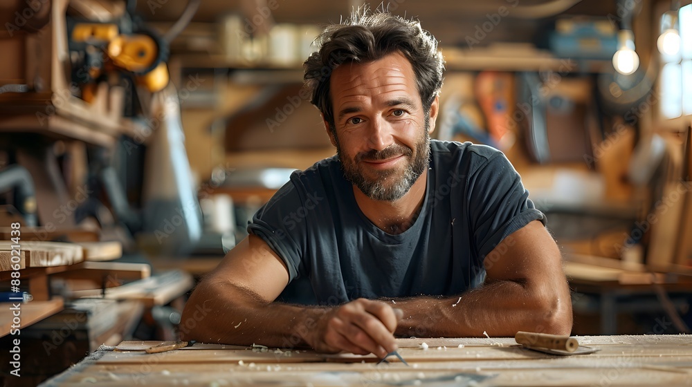 A bearded man, wearing a dark blue t-shirt, smiles as he uses a wood-working tool while sitting at a wooden workbench inside a workshop A bearded man, wearing a dark blue t-shirt, smiles as he uses a wood-working tool while sitting at a wooden workbench inside a workshop