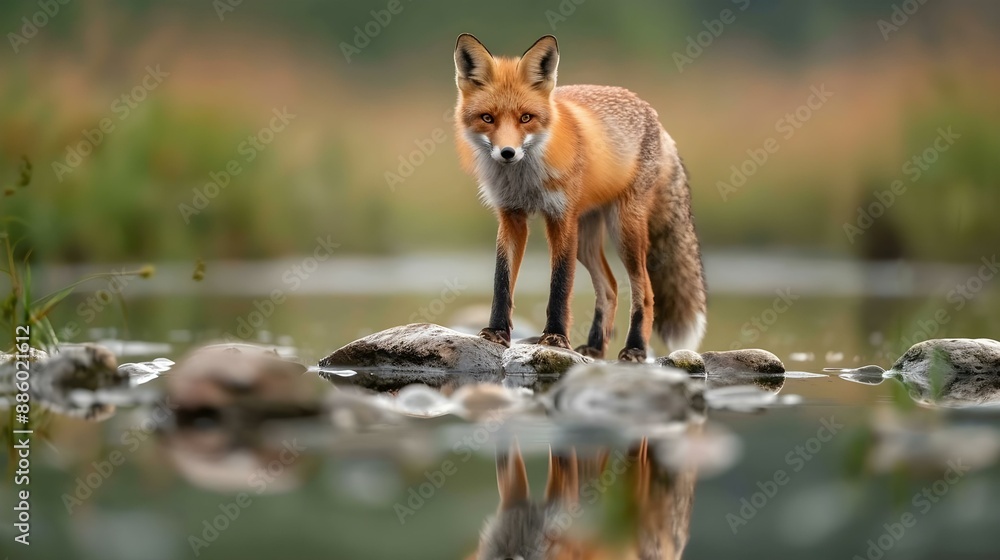 Fototapeta premium Beautiful red fox standing on stones