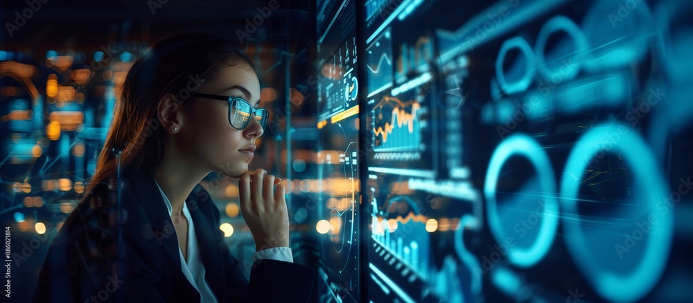 A professional woman examining a high-tech holographic screen displaying detailed economic charts and indicators, enhanced by a bokeh effect with dynamic lighting, copy space. A professional woman examining a high-tech holographic screen displaying detailed economic charts and indicators, enhanced by a bokeh effect with dynamic lighting, copy space.