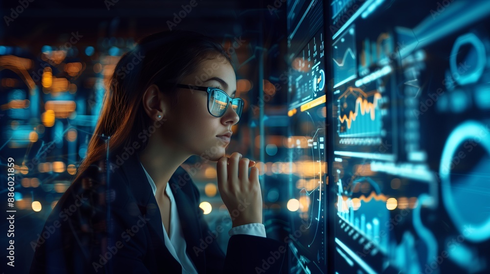 A professional woman examining a high-tech holographic screen displaying detailed economic charts and indicators, enhanced by a bokeh effect with dynamic lighting. A professional woman examining a high-tech holographic screen displaying detailed economic charts and indicators, enhanced by a bokeh effect with dynamic lighting.
