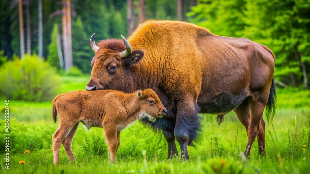 Majestic wood bison mother gently nuzzles her curious calf amidst lush green meadow at serene Alaska Wildlife Conservation Center backdrop. Majestic wood bison mother gently nuzzles her curious calf amidst lush green meadow at serene Alaska Wildlife Conservation Center backdrop.