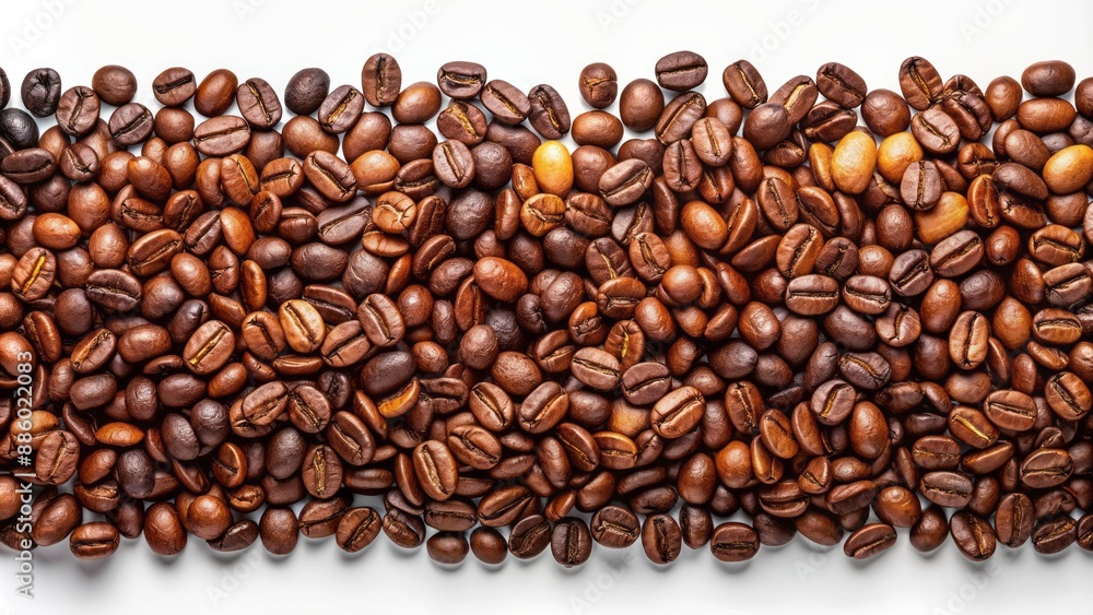 Fototapeta premium Vibrant panoramic border of assorted coffee beans in 3D rendering isolated on pure white background with gradient effect.