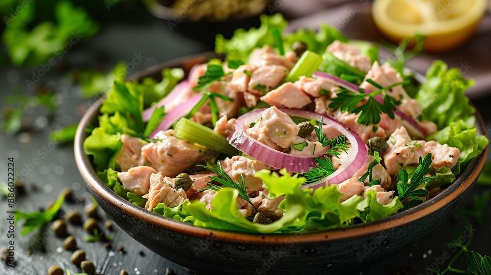 Vibrant Mediterranean-Inspired Tuna Salad, A Nutrient-Rich Fusion of Omega-3s, Crisp Vegetables, and Zesty Capers for Wholesome Living. Vibrant Mediterranean-Inspired Tuna Salad, A Nutrient-Rich Fusion of Omega-3s, Crisp Vegetables, and Zesty Capers for Wholesome Living.