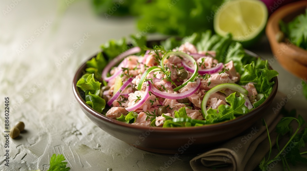 Vibrant Mediterranean-Inspired Tuna Salad, A Nutrient-Rich Fusion of Omega-3s, Crisp Vegetables, and Zesty Capers for Wholesome Living. Vibrant Mediterranean-Inspired Tuna Salad, A Nutrient-Rich Fusion of Omega-3s, Crisp Vegetables, and Zesty Capers for Wholesome Living.