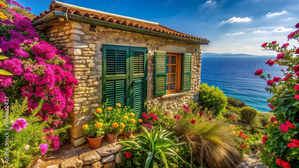 Fototapeta premium Cozy small cabin with rustic wooden shutters and vibrant flowers surrounded by lush greenery overlooking serene Mediterranean Sea view.