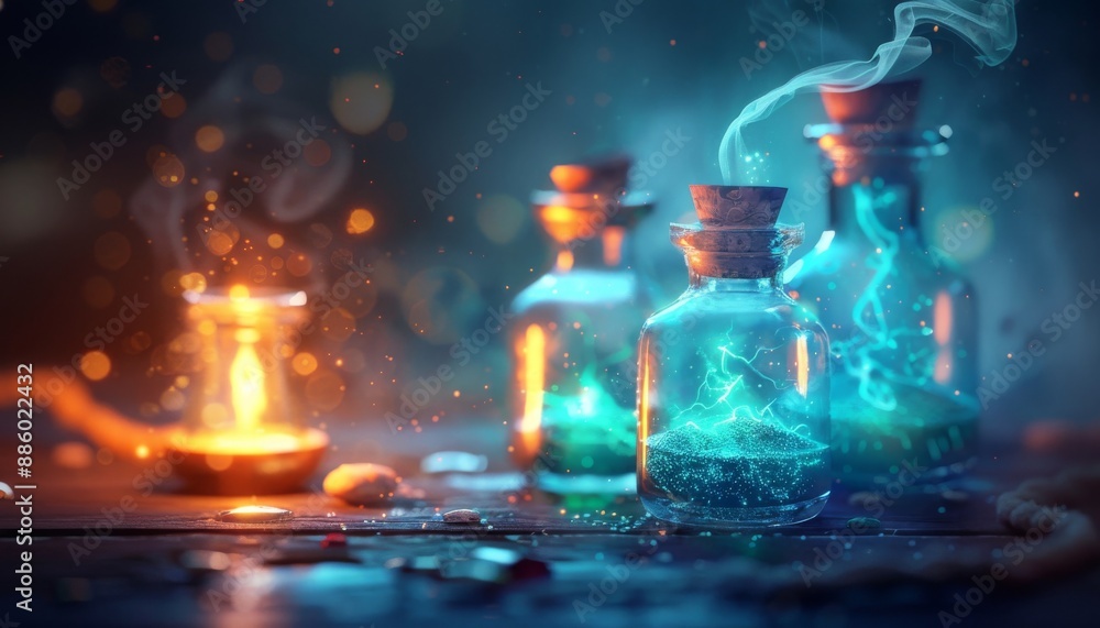 Magical Potion in Glass Bottle with Glowing Particles