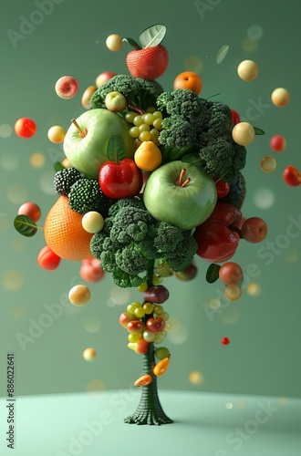 Surreal Fruit and Vegetable Tree with Floating Spheres photo