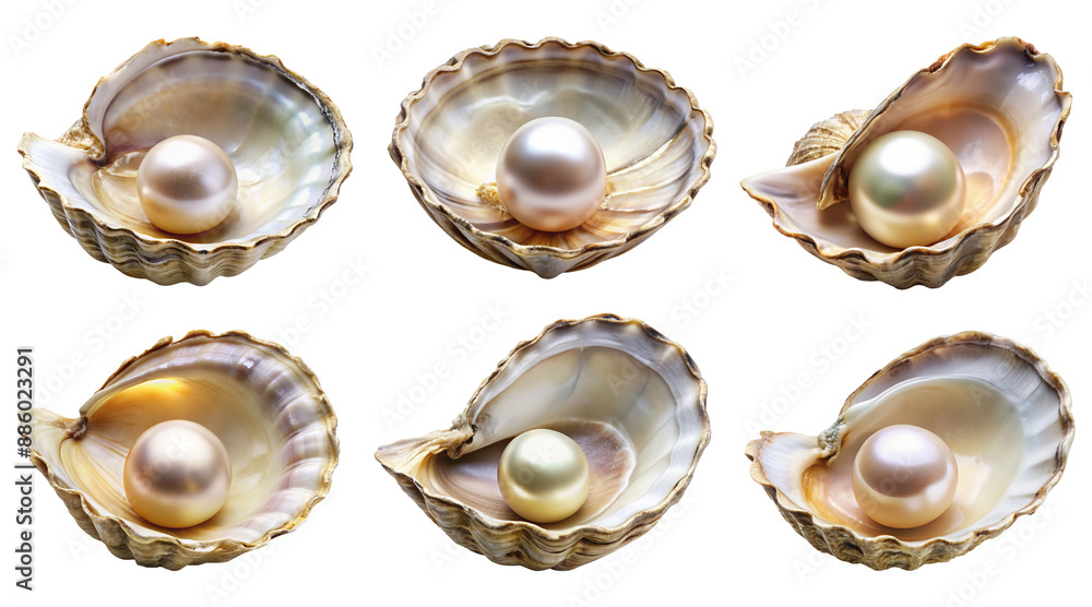 Set of lustrous pearl nestled inside an open oyster shell isolated on transparent background Set of lustrous pearl nestled inside an open oyster shell isolated on transparent background