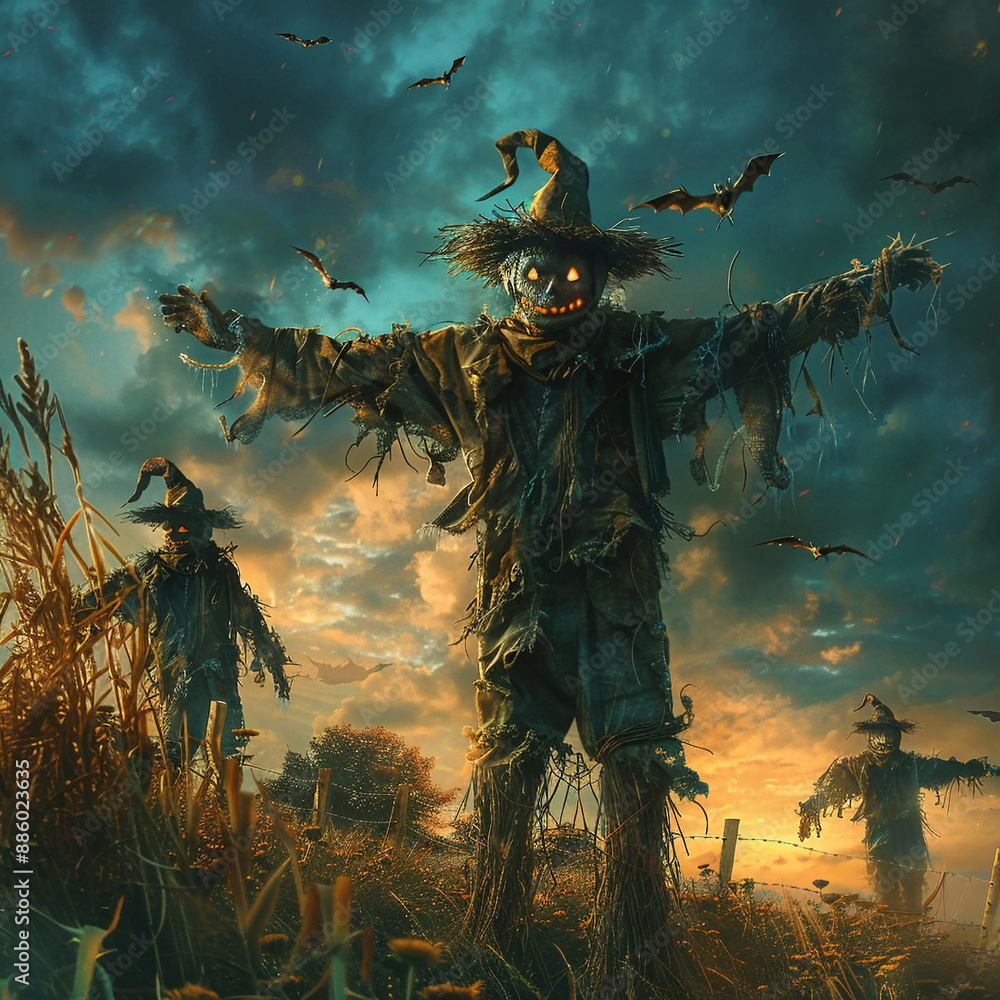 Fototapeta premium Scarecrows coming to life Halloween concept