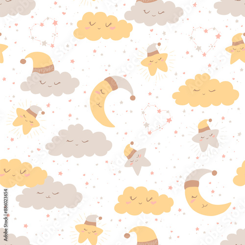 Vector boho seamless pattern with cute hand drawn cartoon clouds, moon and stars isolated on white background. Pastel design for fabric print, wallpaper, card, nursery decoration