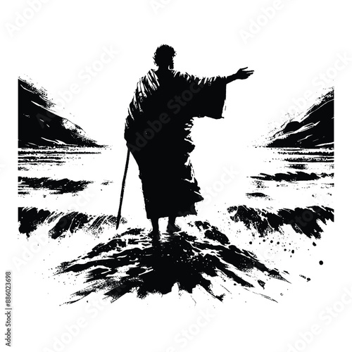 Crossing the Red Sea, Dramatic painting of Moses standing at the edge extending his hand as waters part miraculously
