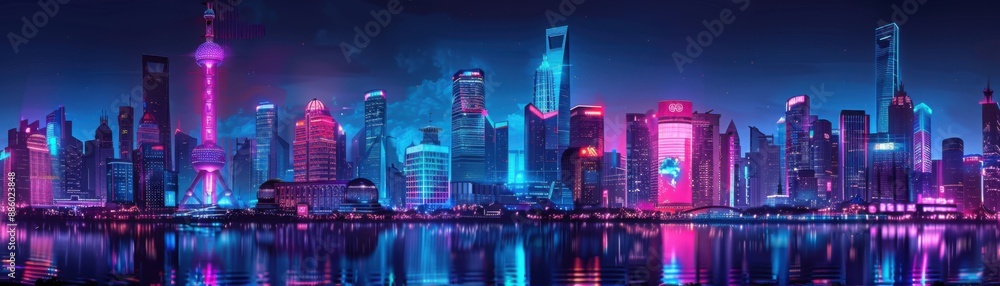 Obraz premium Futuristic Neon Cityscape: Cyberpunk Skyline with Vivid Colors and High Detail at Night