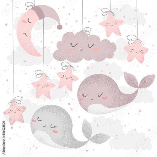 Vector illustration with cute hand drawn cartoon clouds, moon, stars and whales isolated on white background. Design for poster print, fabric, wallpaper, card, baby room decoration