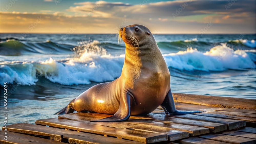 Fototapeta premium A majestic sea lion lounges on a weathered wooden pier, basking in the warm sunlight with the ocean in the background.