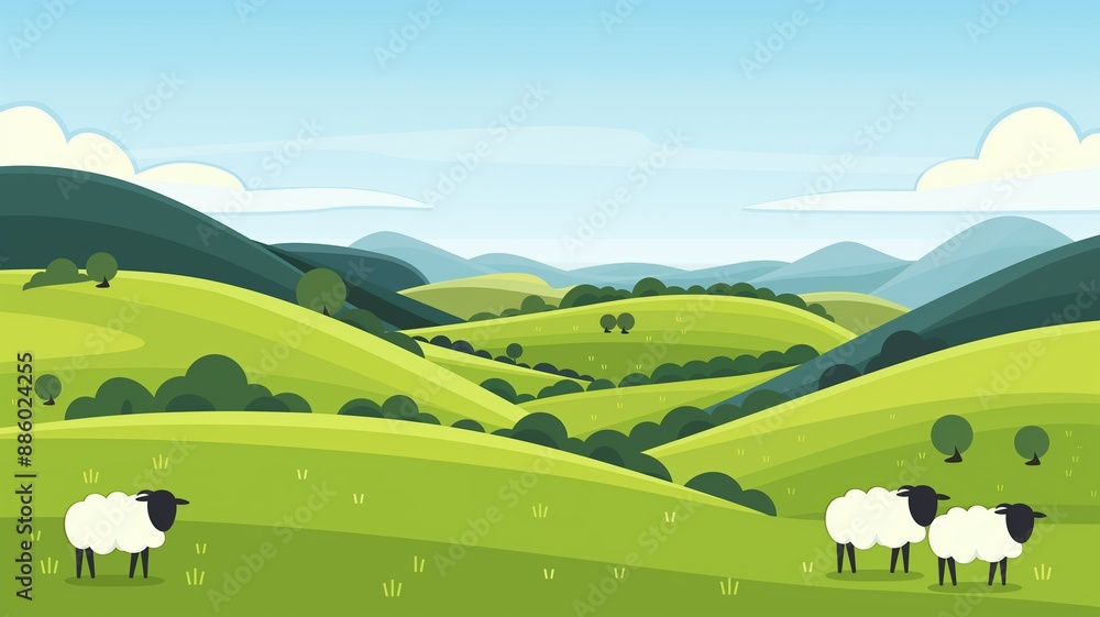 Lush green meadow, grazing sheep under blue sky, flat design illustration Lush green meadow, grazing sheep under blue sky, flat design illustration