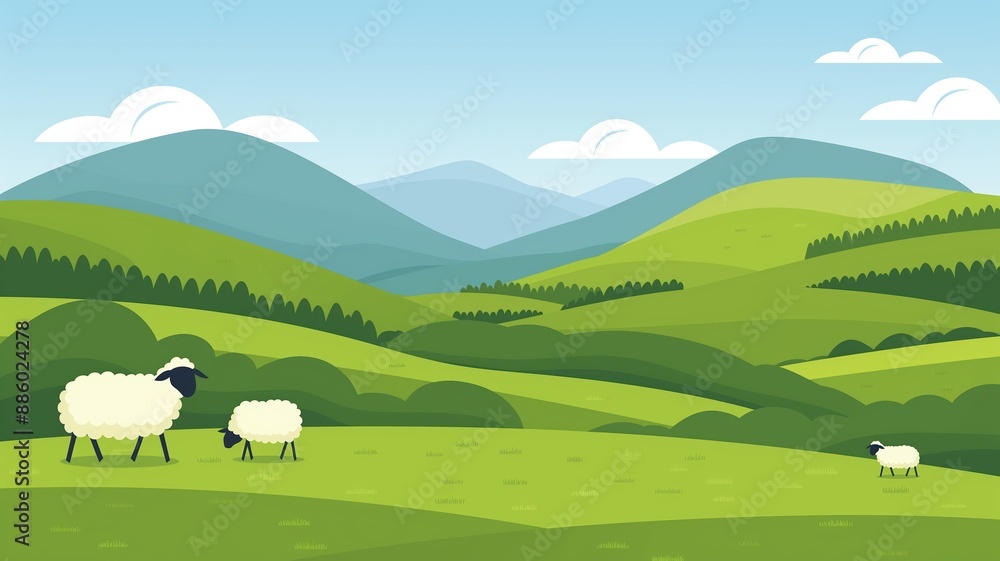 Lush green meadow, grazing sheep under blue sky, flat design illustration Lush green meadow, grazing sheep under blue sky, flat design illustration