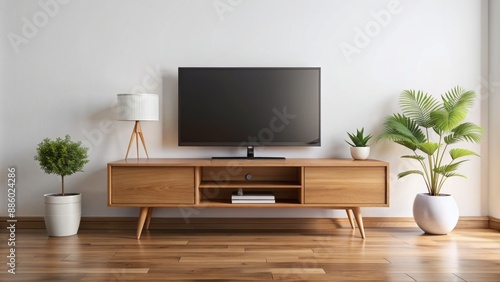 Modern television sitting atop wooden TV stand on minimalist living room table against plain white background with empty space.